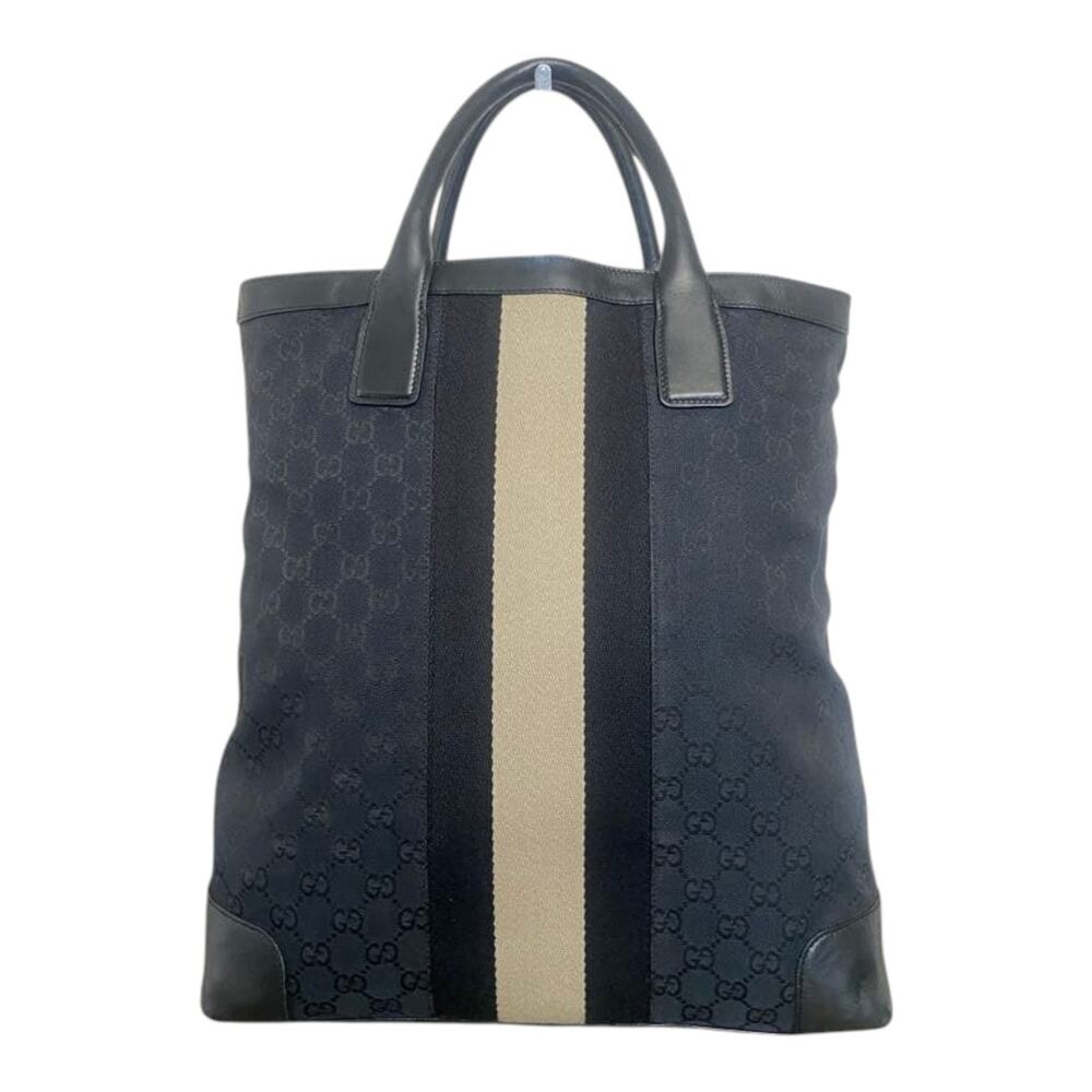 Gucci Vintage GG Canvas Web Stripe Black Leather Tote Bag